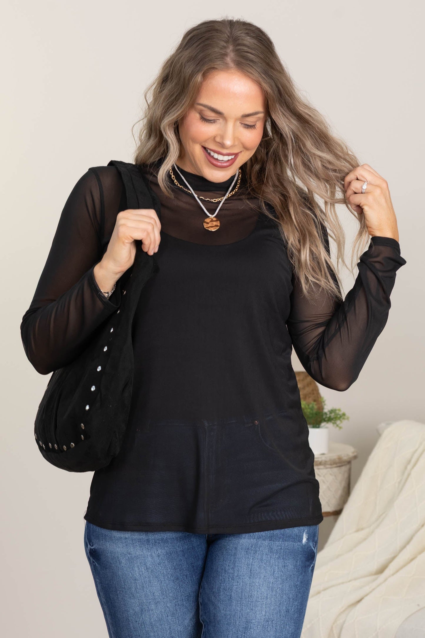 Solid Mock Neck Long Sleeve Mesh Knit Tops