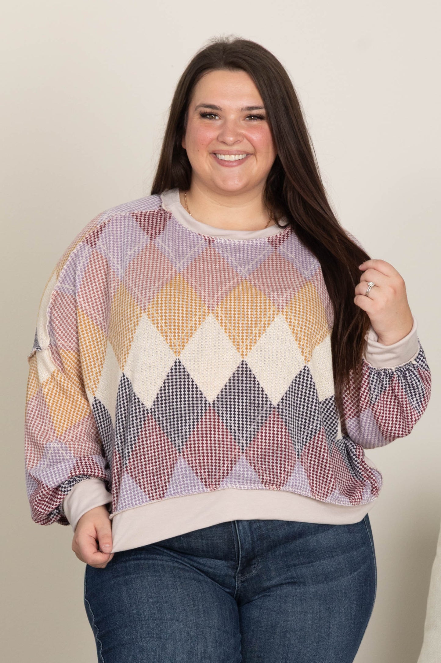 Light Mocha Argyle Print Long Sleeve Knit Top