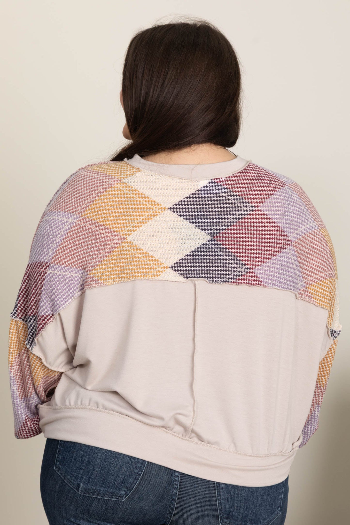 Light Mocha Argyle Print Long Sleeve Knit Top