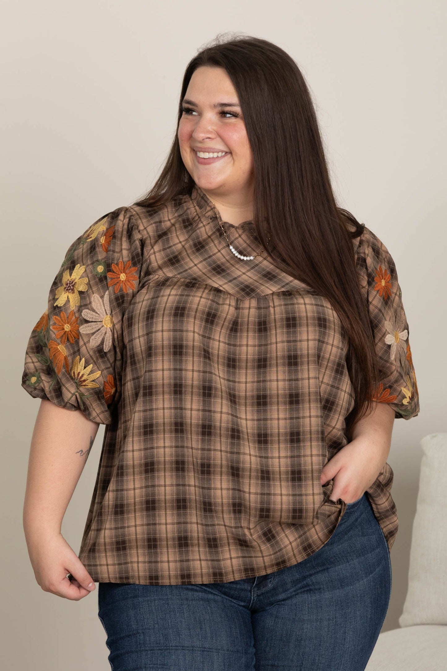 Brown Plaid Puff Short Sleeve Floral Woven Top