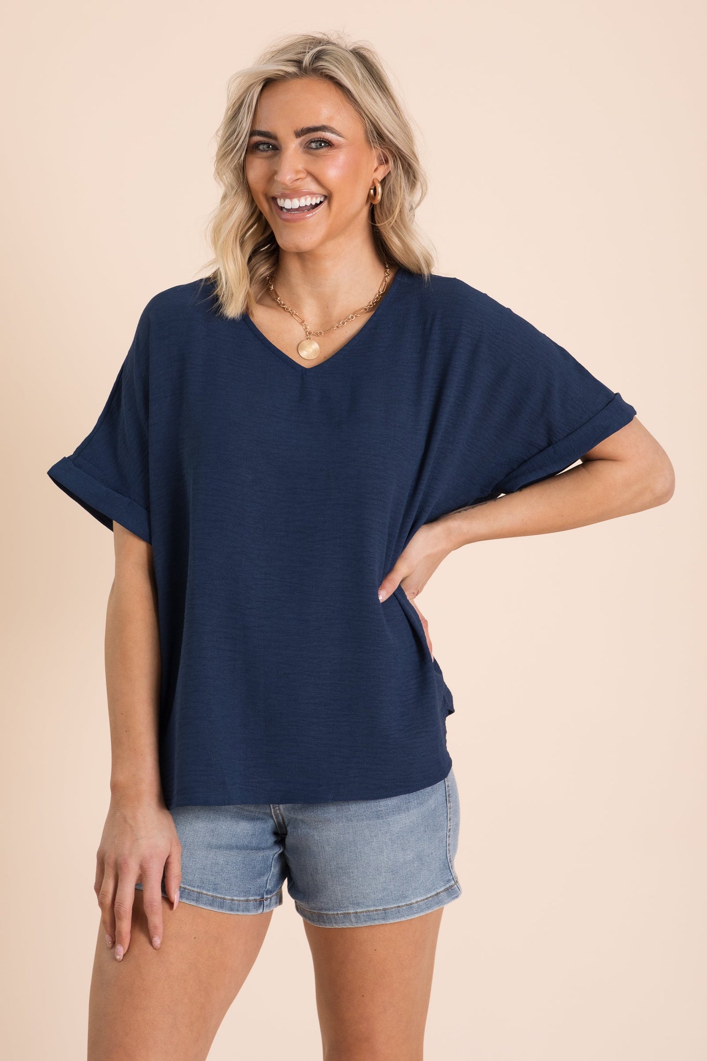 Woven V-Neck Folded Short Sleeve Tops