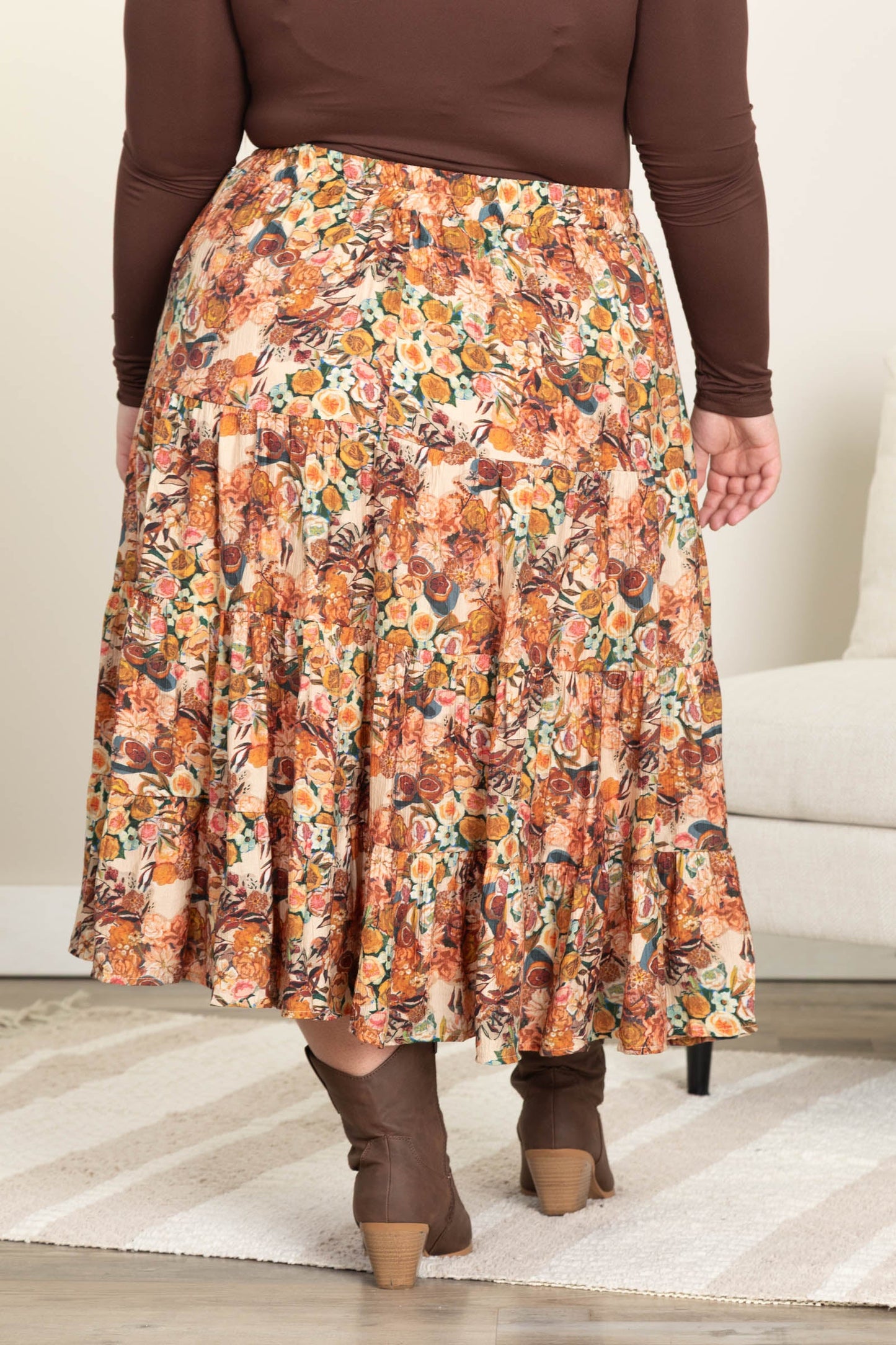 Taupe Bohemian Floral Elastic Tiered Skirt