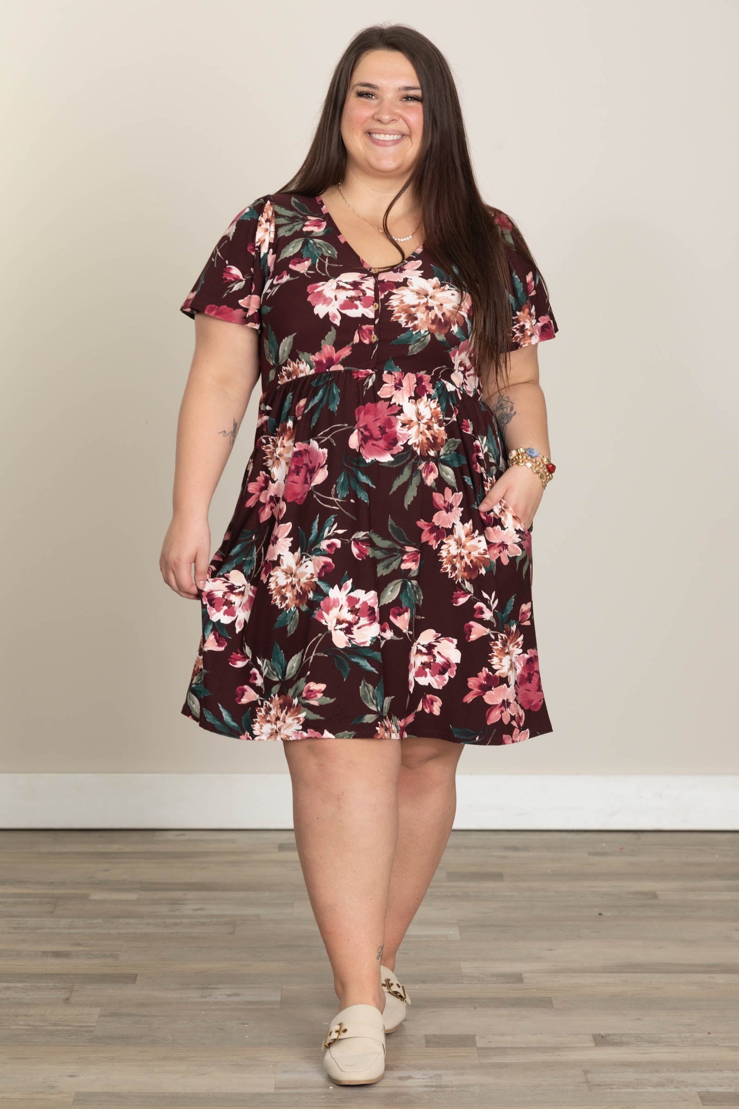 Soft Brushed V-Neck Knit Floral Dresses