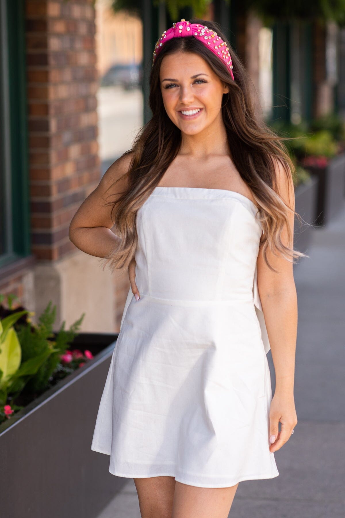 Off White Strapless Dress With Back Bow Detail