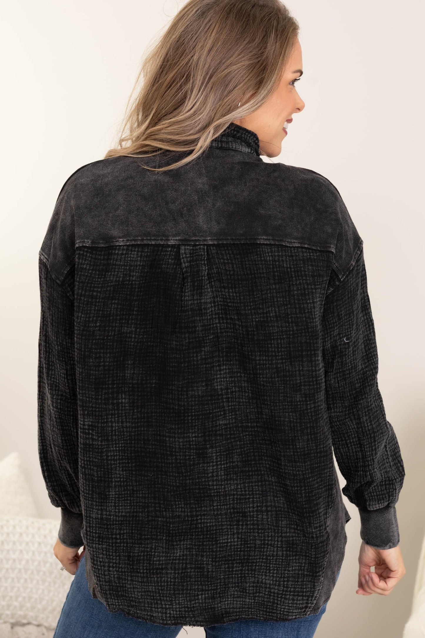 Garment Dyed Boyfriend Fit Button Up Top