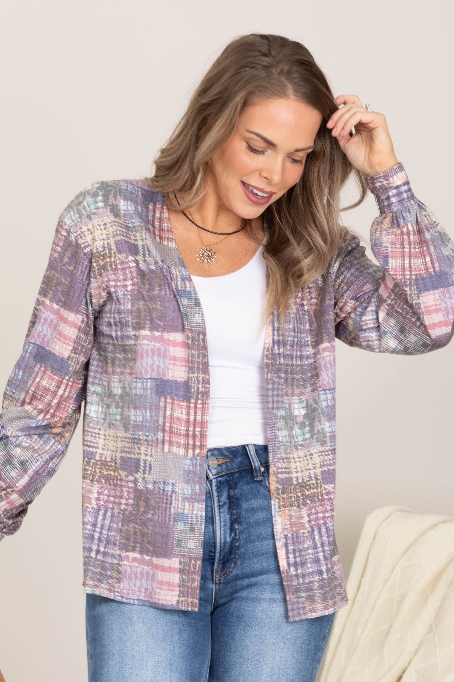 Multicolor Patchwork Plaid Knit Cardigan