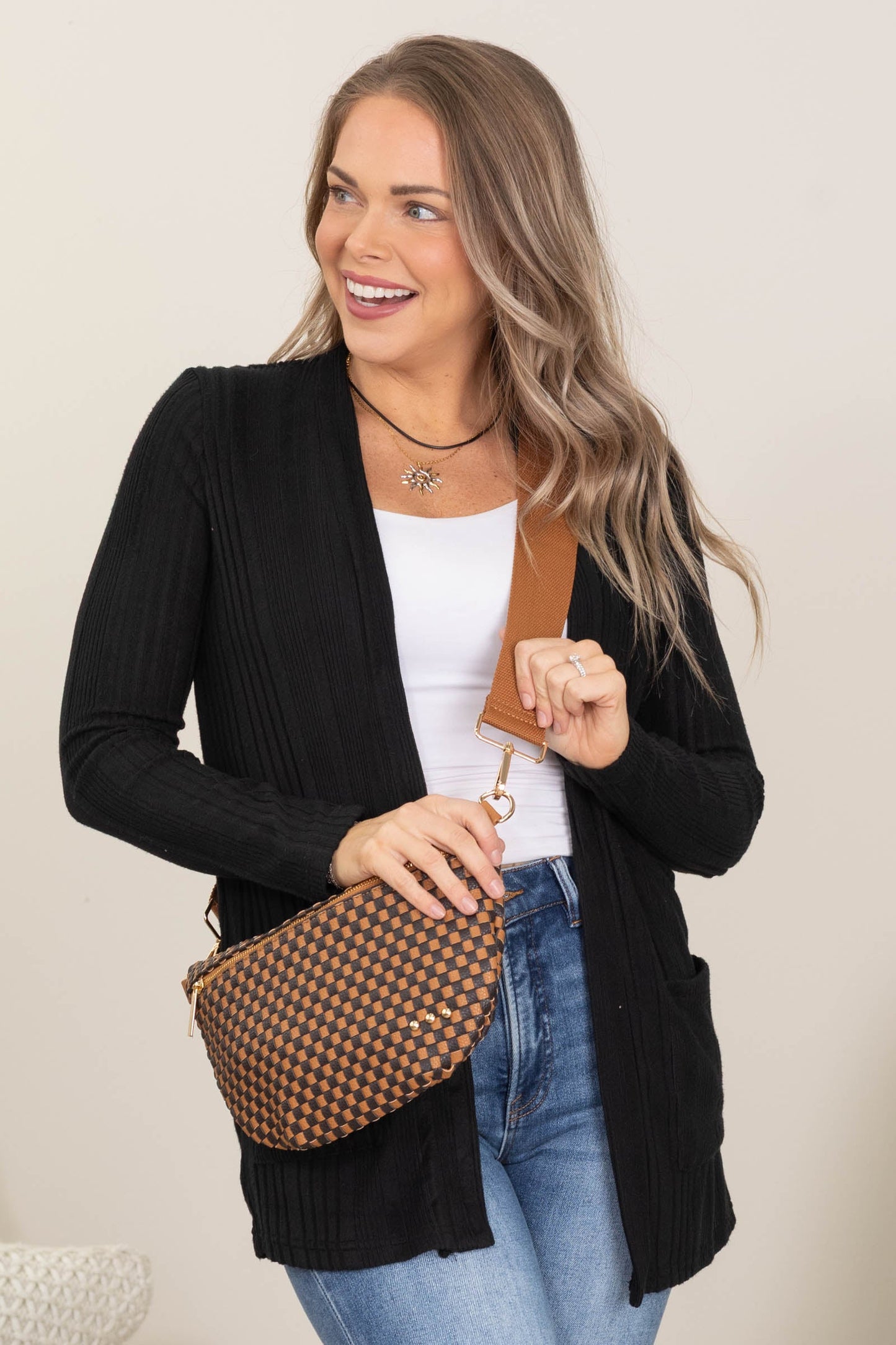 Black Hacci Ribbed Cardigan With Pockets