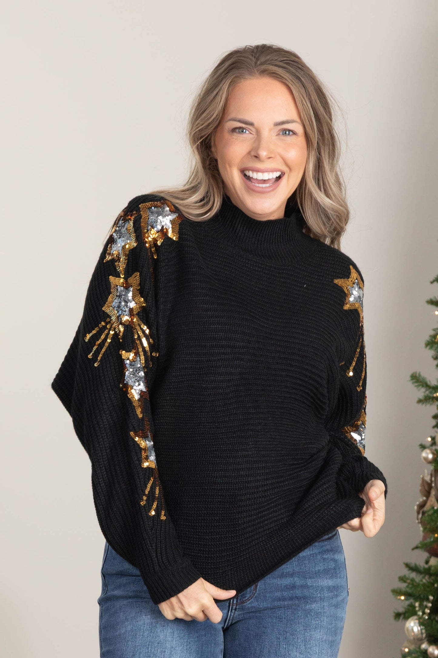 Sequins Embroidered Stars Mock Neck Sweater