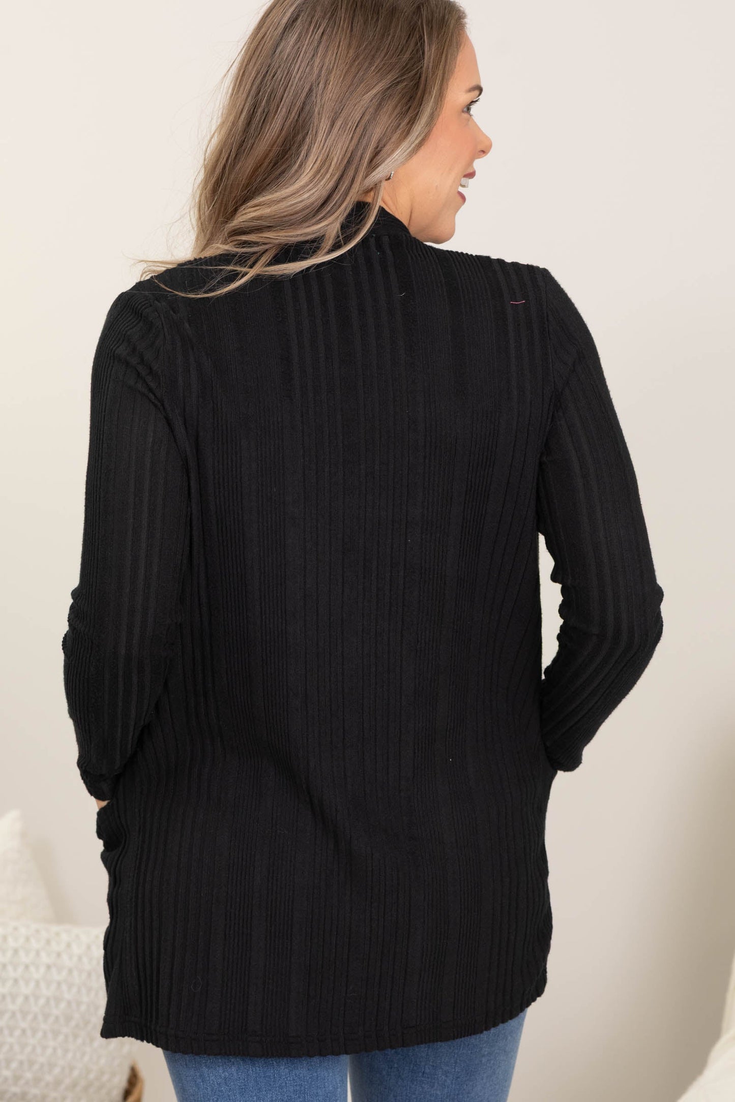 Black Hacci Ribbed Cardigan With Pockets