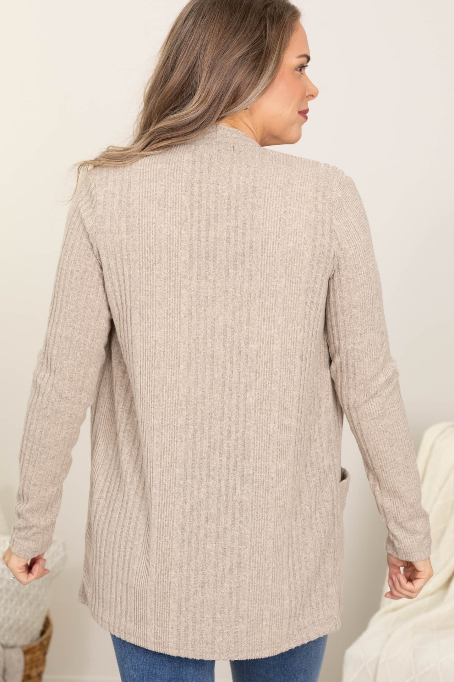 Oatmeal Hacci Ribbed Cardigan With Pockets