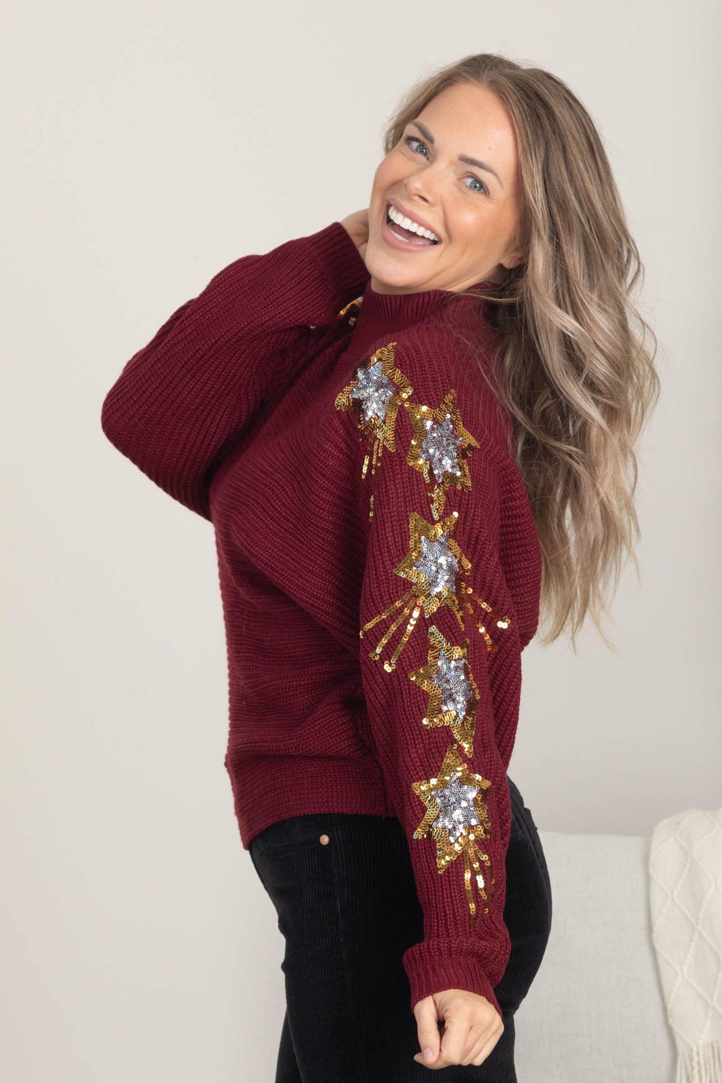 Sequins Embroidered Stars Mock Neck Sweater