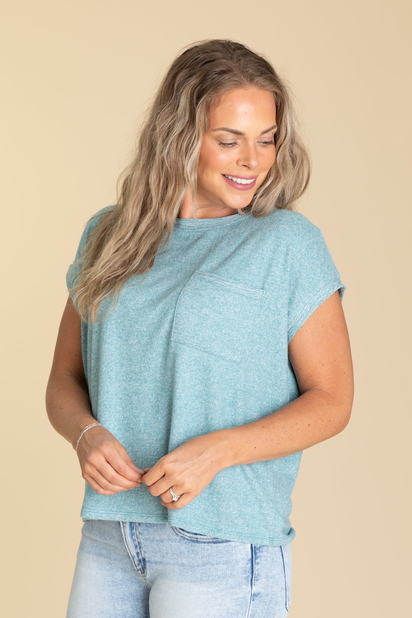 Soft Melange Hacci Knit Tee With Pocket