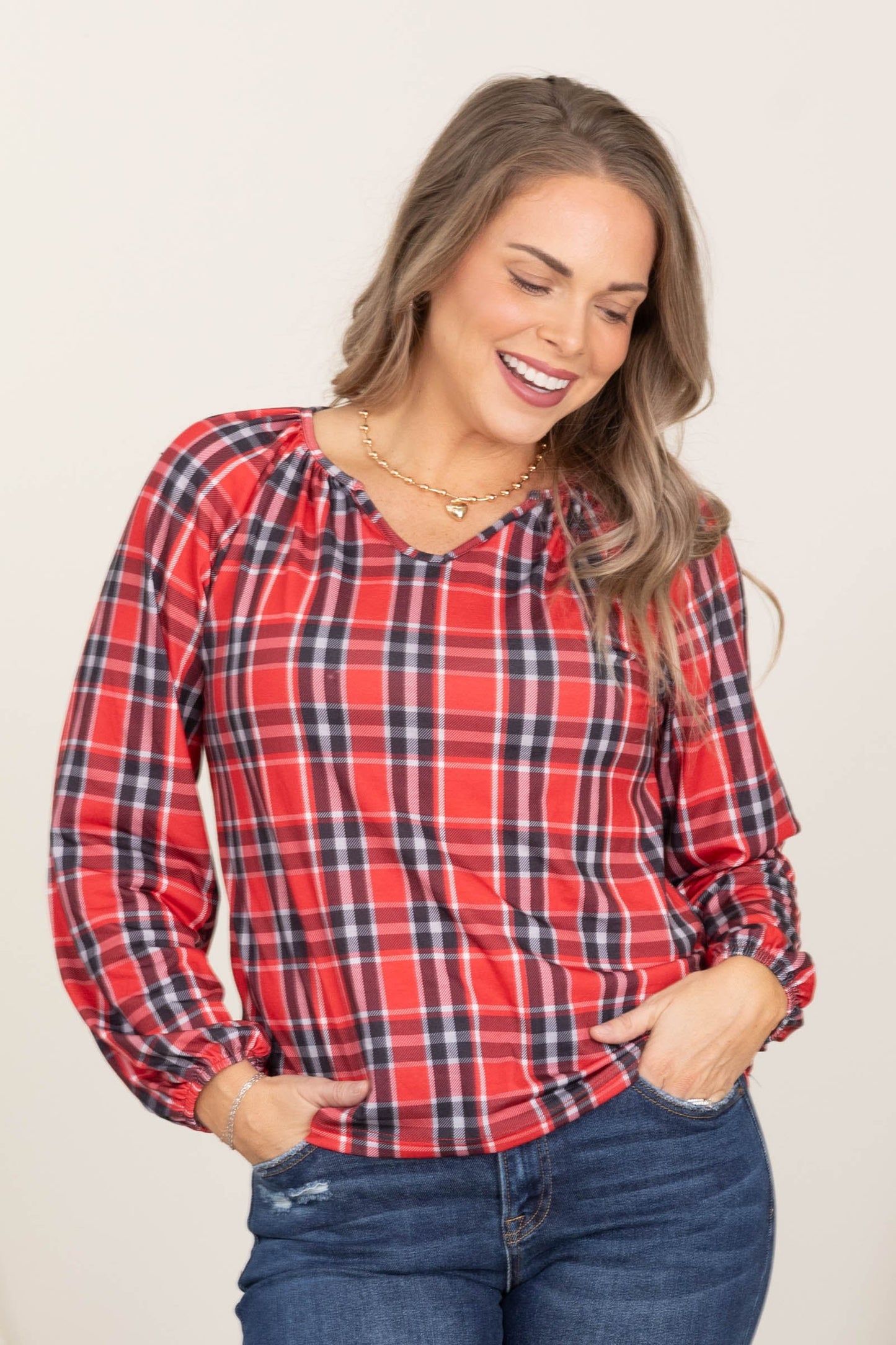 Red Plaid Bubble Sleeve Top With Notch Neck