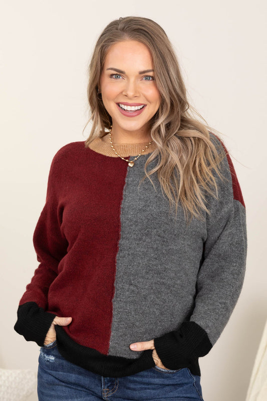 Colorblock Front Seam Long Sleeve Knit Sweaters