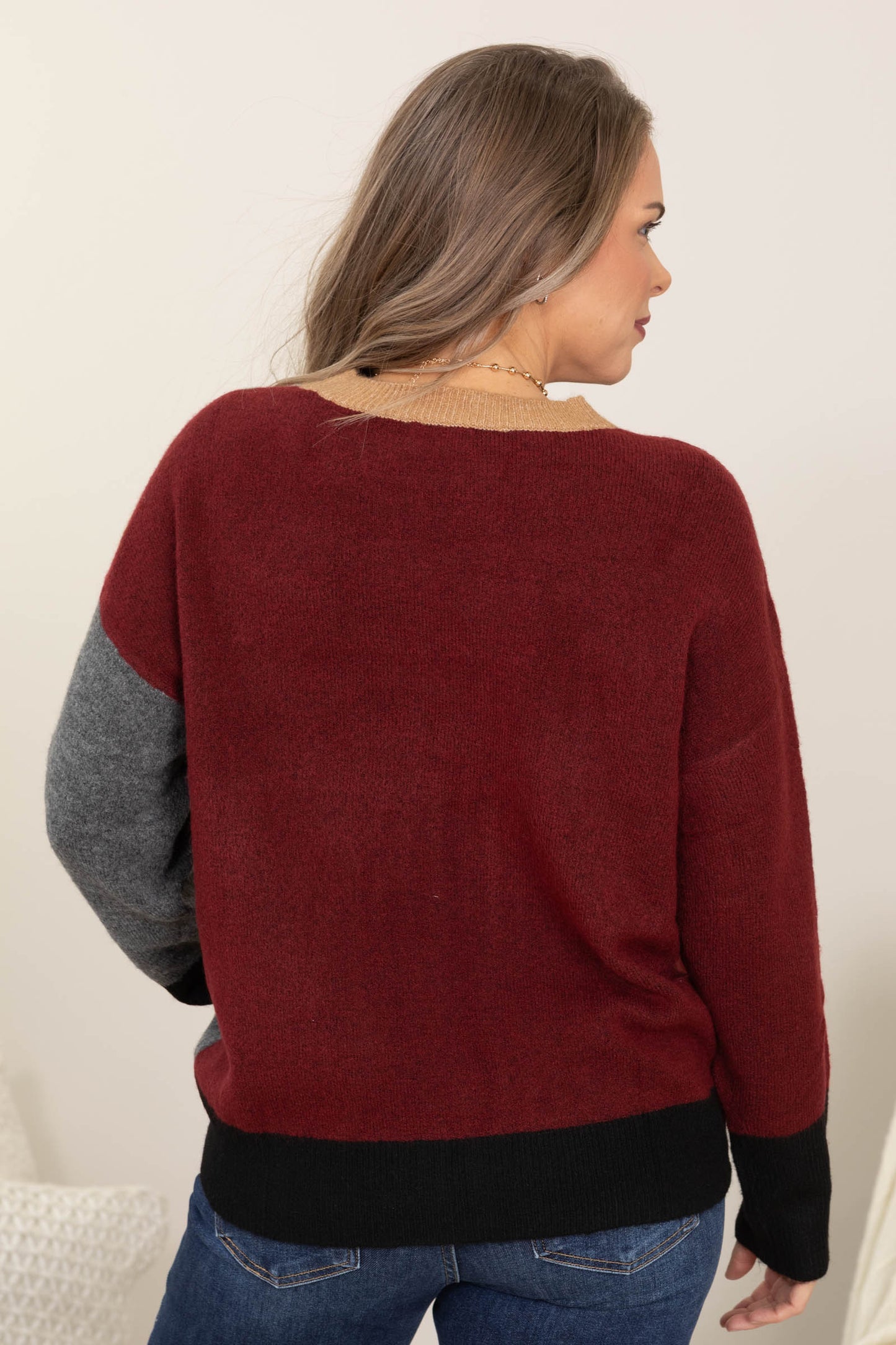 Colorblock Front Seam Long Sleeve Knit Sweaters