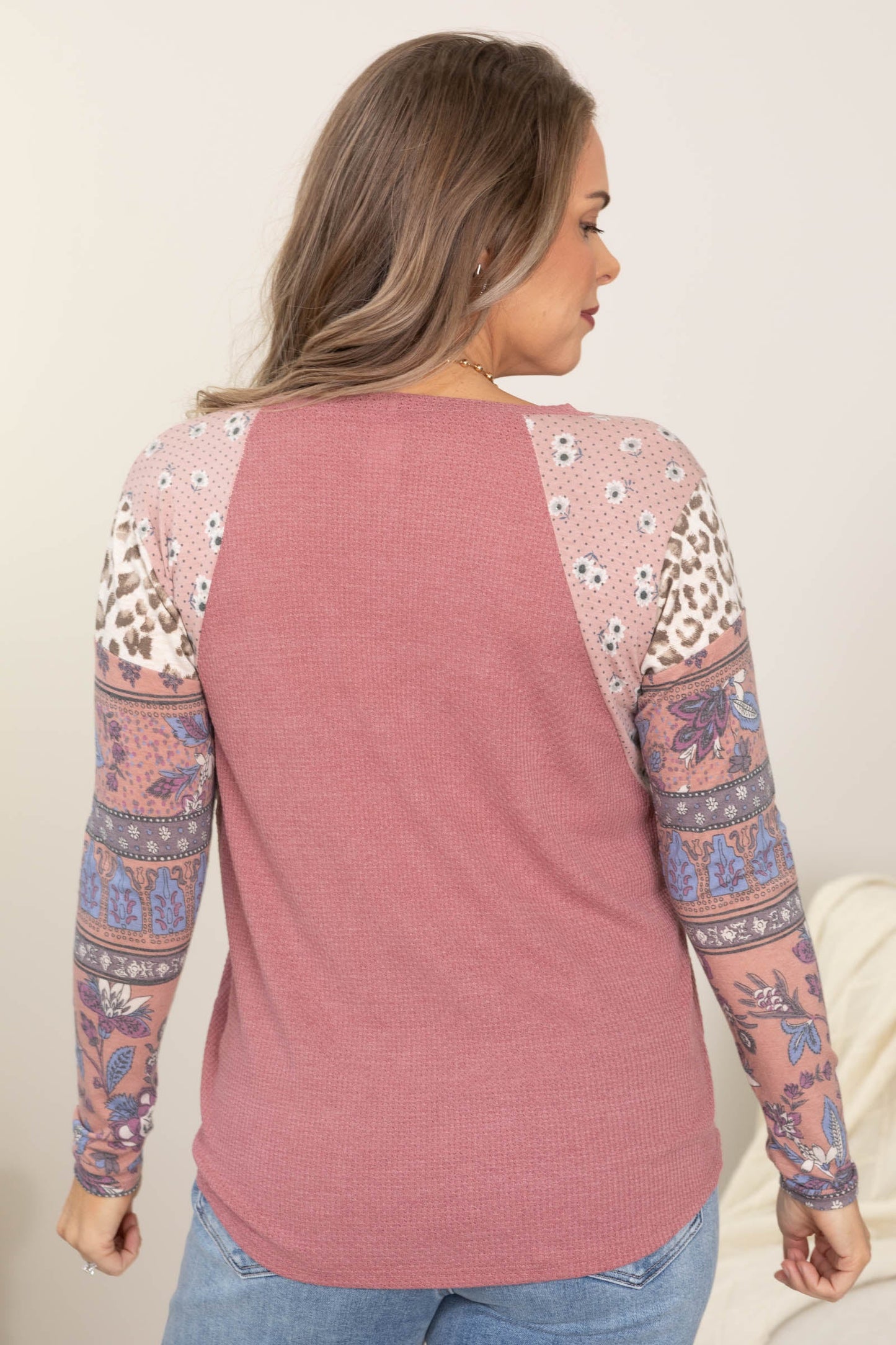 Dusty Rose Rib With Detail Printed Sleeves