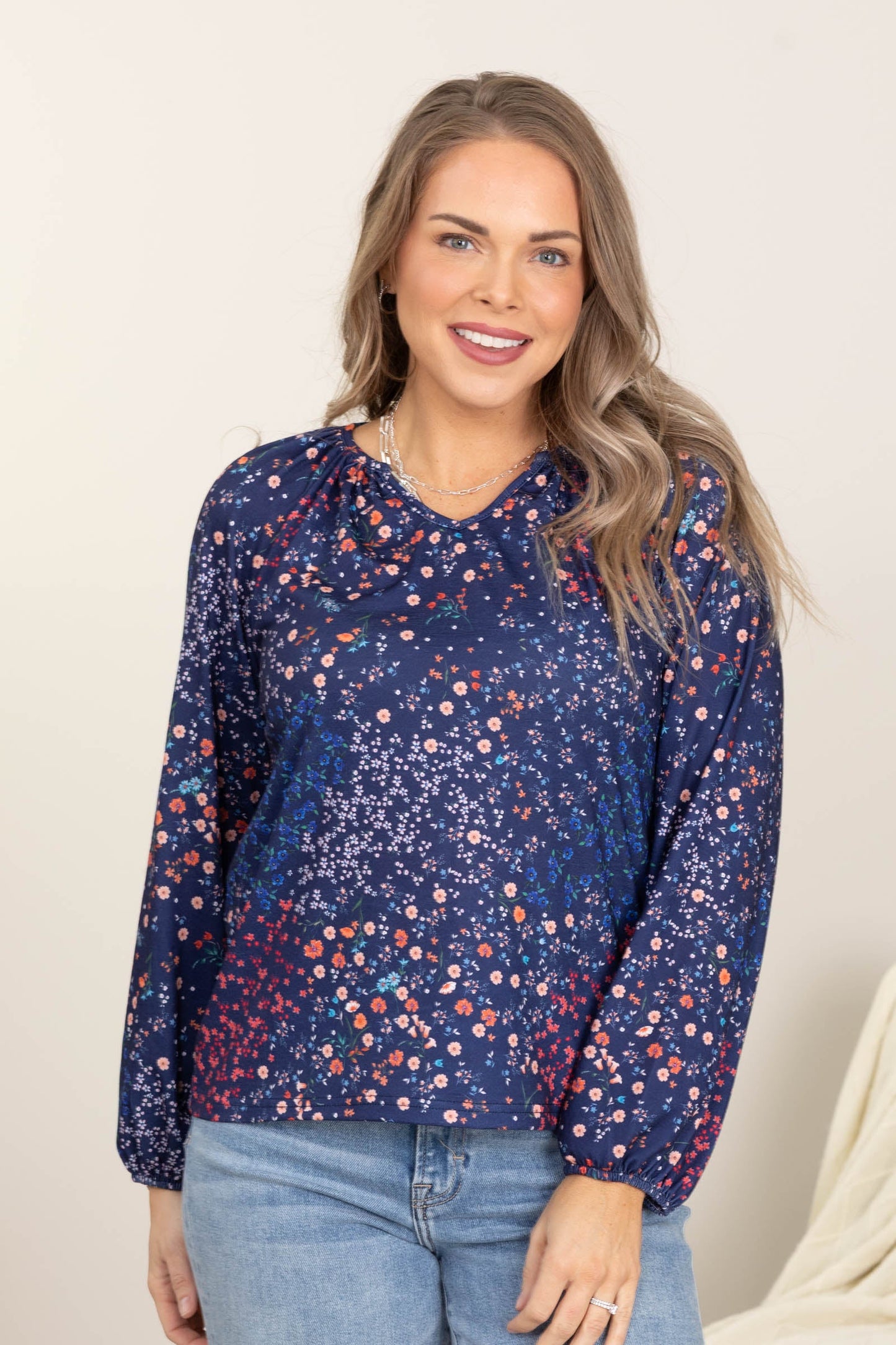 Blue Ditsy Floral Bubble Sleeve Top With Notch Neck