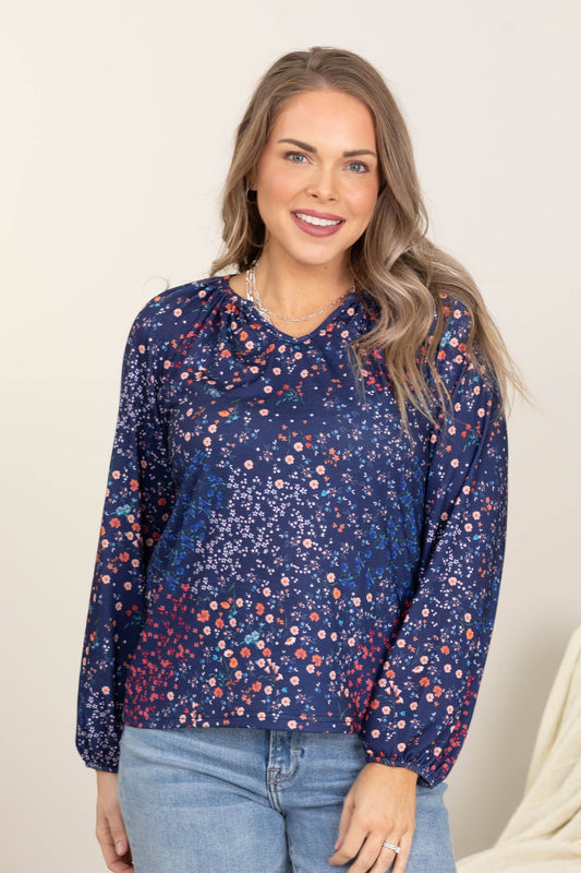 Blue Ditsy Floral Bubble Sleeve Top With Notch Neck