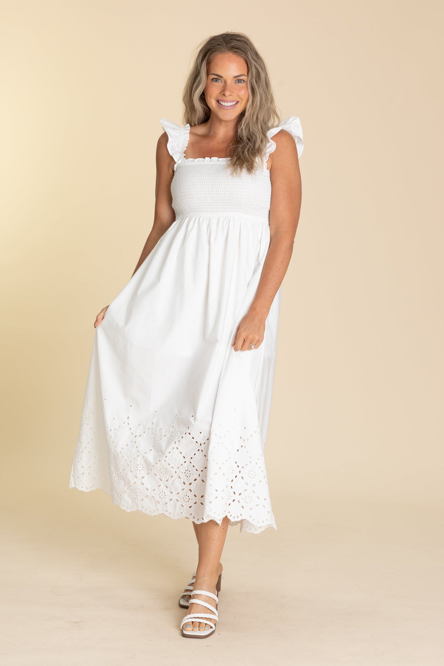 Smocked Ruffle Sleeve Eyelet Hem Midi Dresses