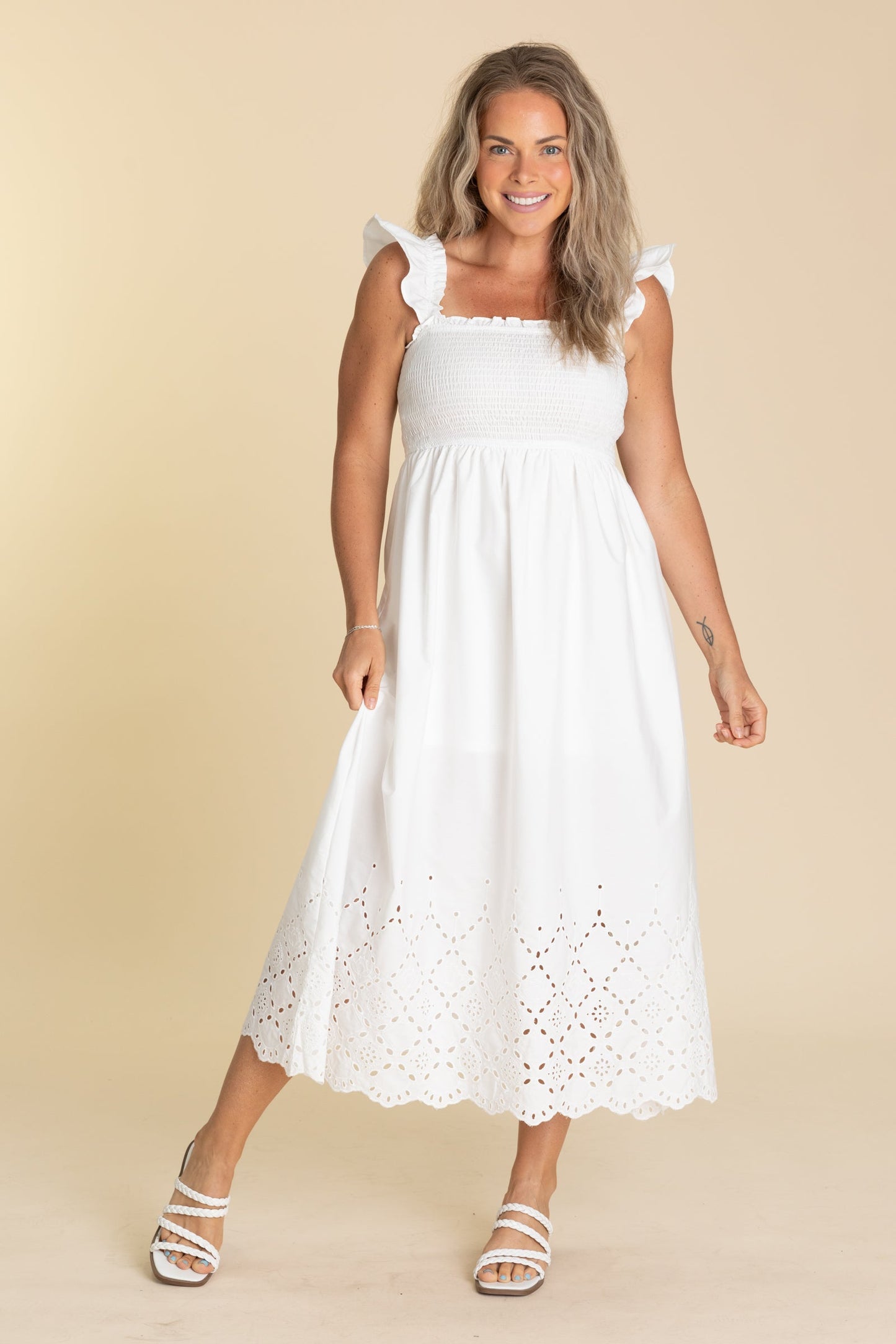 Smocked Ruffle Sleeve Eyelet Hem Midi Dresses