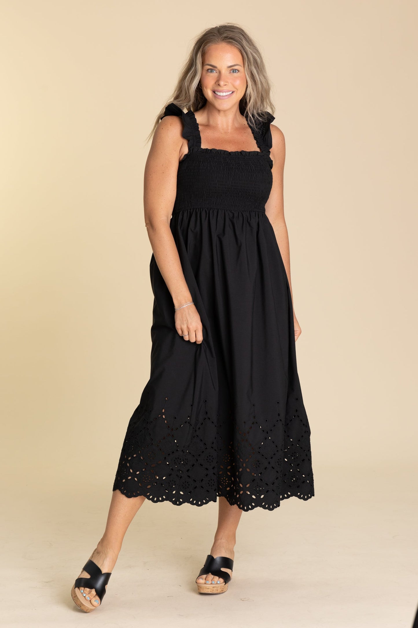 Smocked Ruffle Sleeve Eyelet Hem Midi Dresses