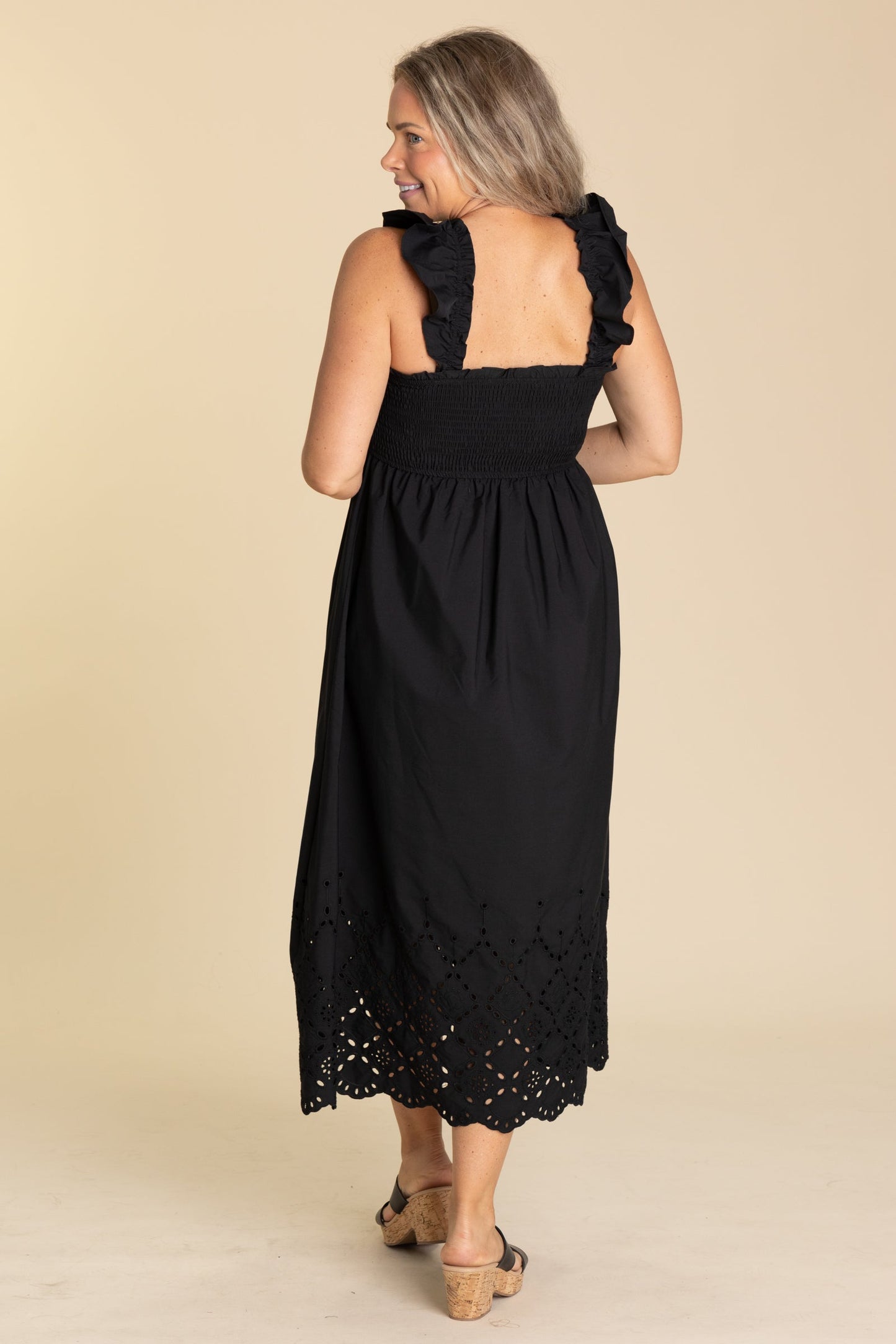 Smocked Ruffle Sleeve Eyelet Hem Midi Dresses