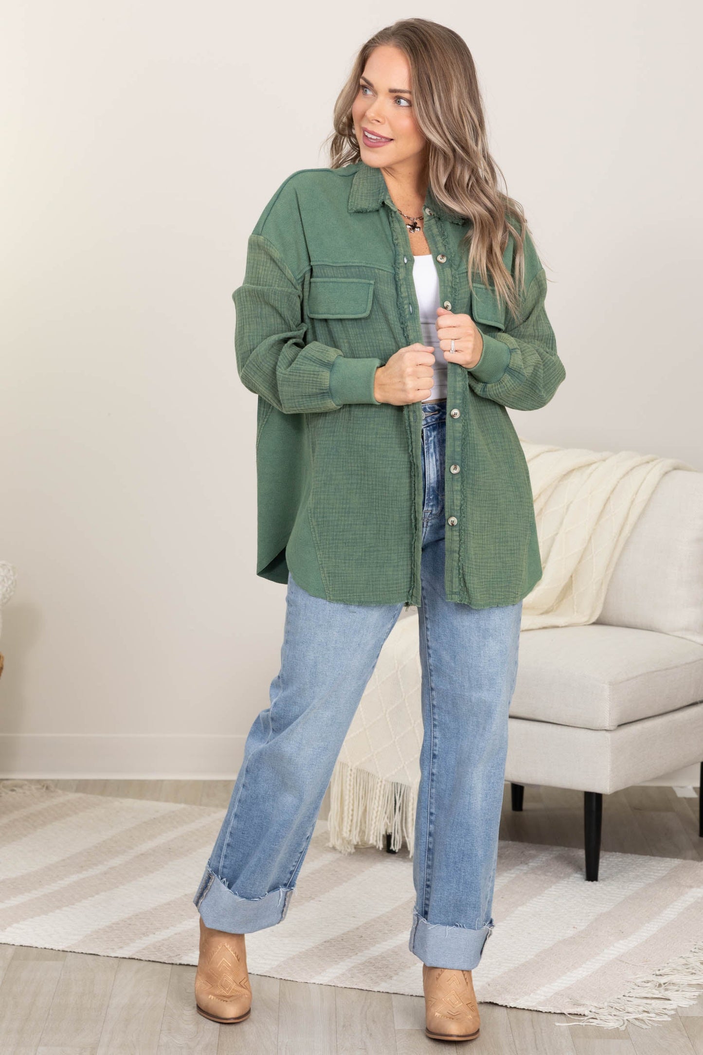 Garment Dyed Boyfriend Fit Button Up Top