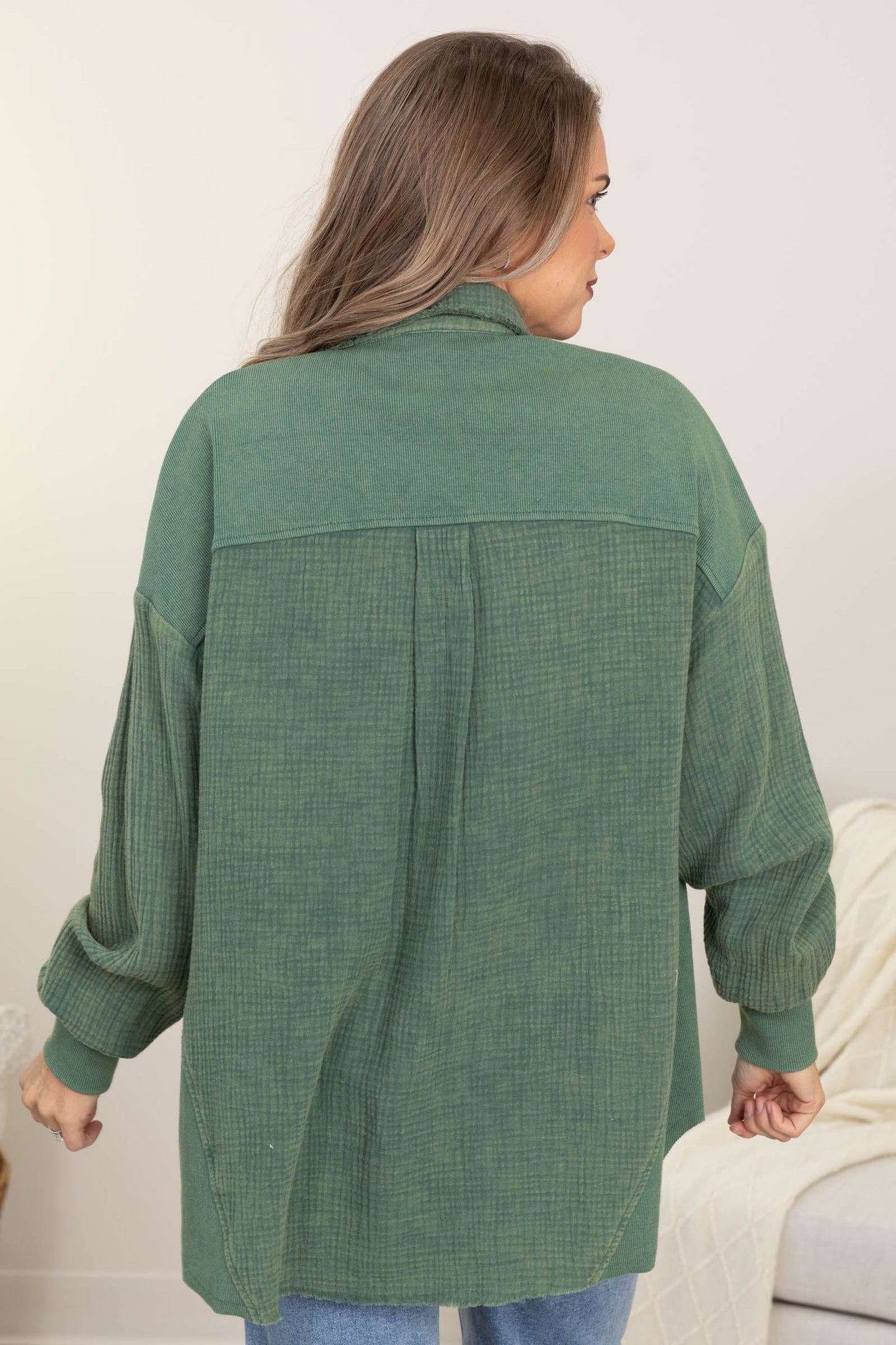 Garment Dyed Boyfriend Fit Button Up Top