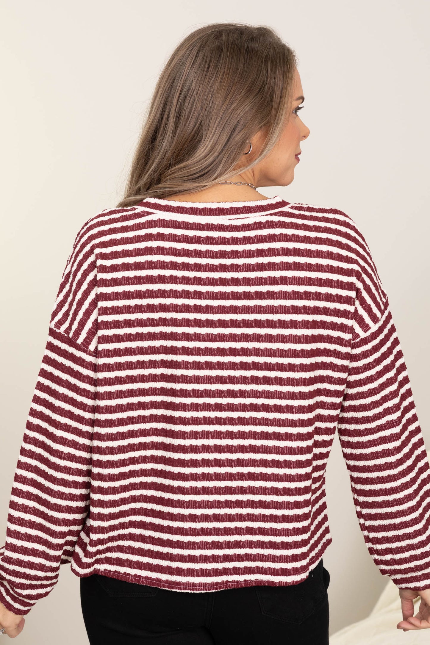 Stripe Textured Long Sleeve Henley Knit Tops