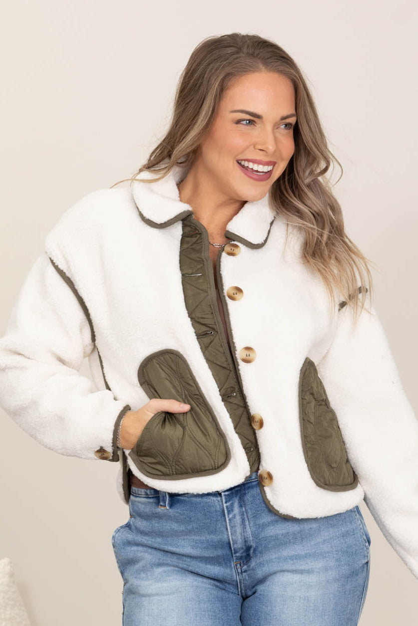 Ivory Faux Shearling Button Collared Jacket