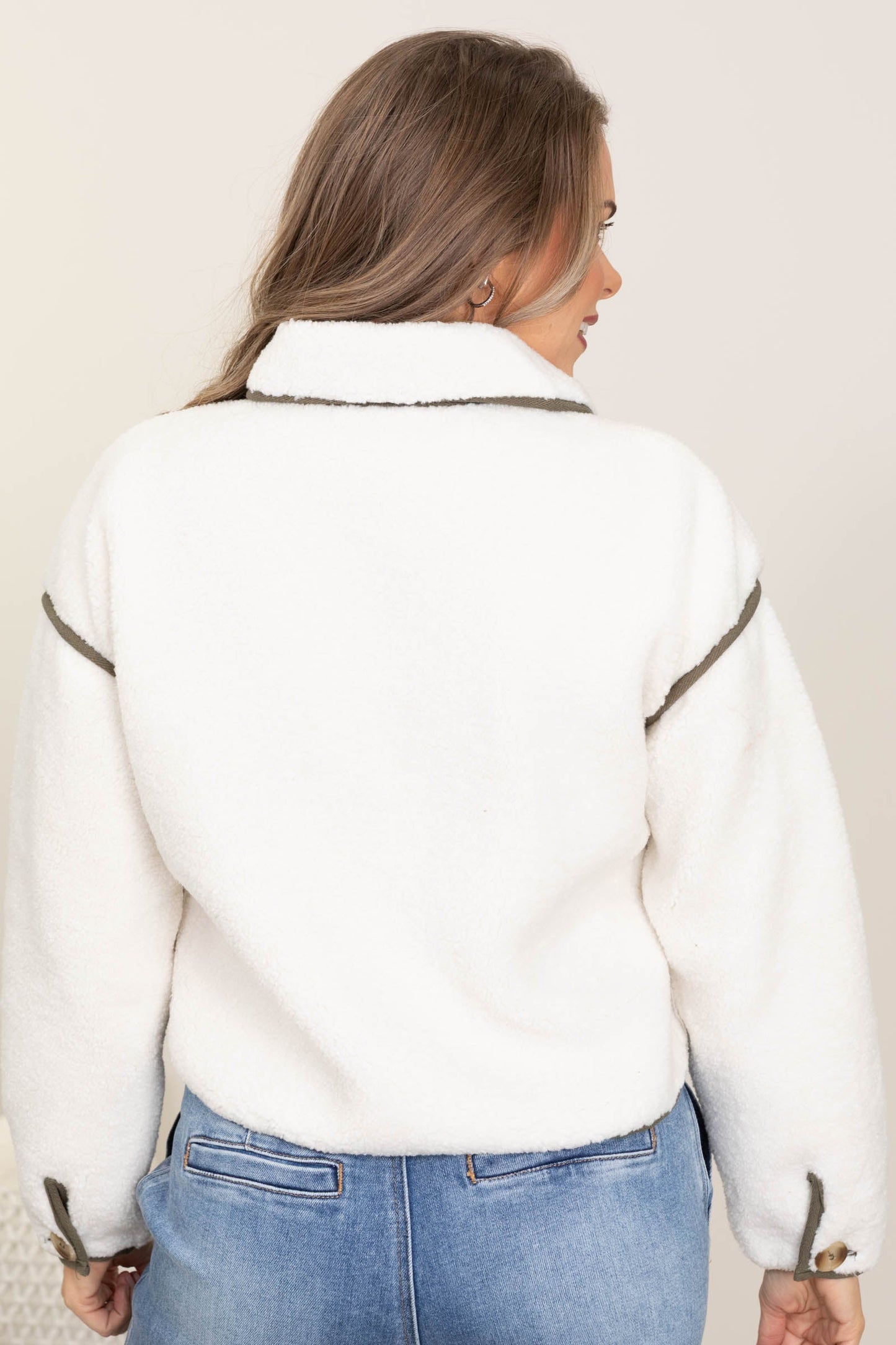 Ivory Faux Shearling Button Collared Jacket