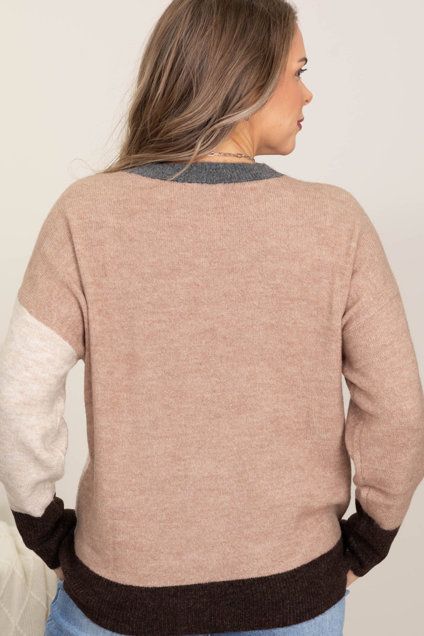 Colorblock Front Seam Long Sleeve Knit Sweaters