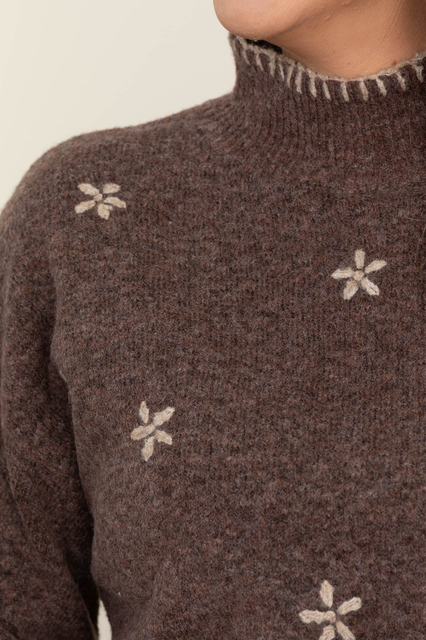 Brown Floral Embroidery Mock Neck Knit Sweater