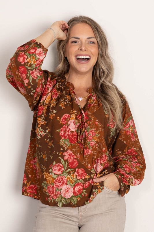 Rust Floral Printed Long Sleeve Blouse