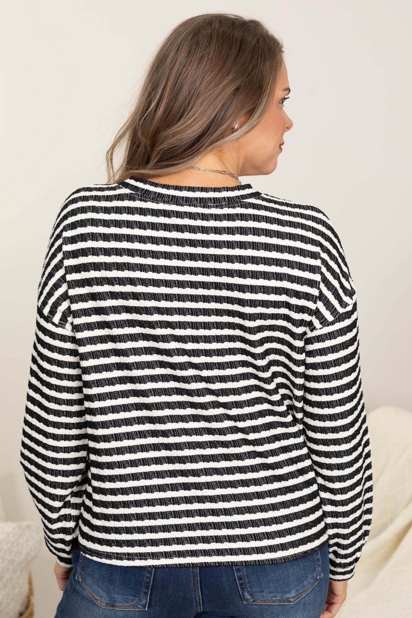 Stripe Textured Long Sleeve Henley Knit Tops