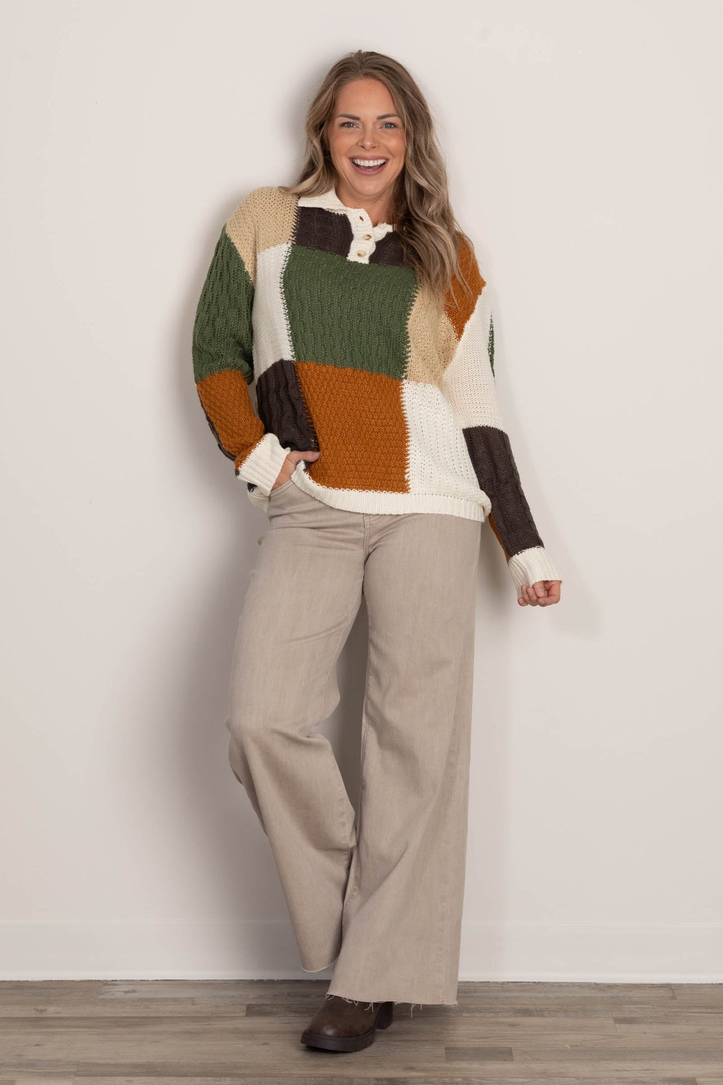 Ivory And Olive Colorblock Button Sweater