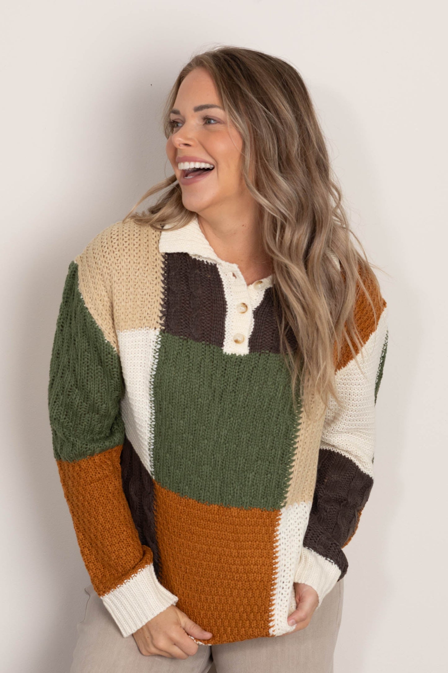 Ivory And Olive Colorblock Button Sweater