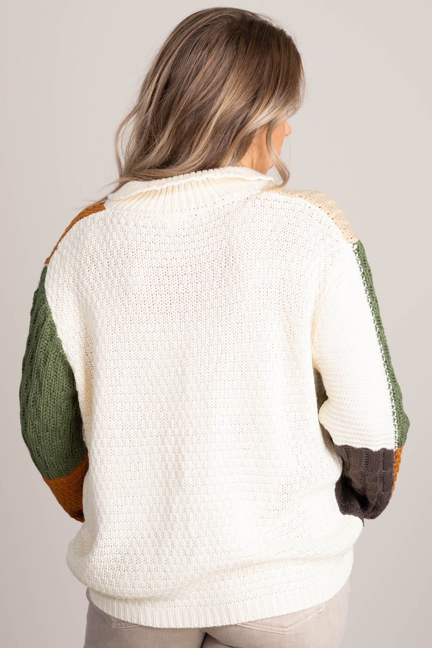 Ivory And Olive Colorblock Button Sweater
