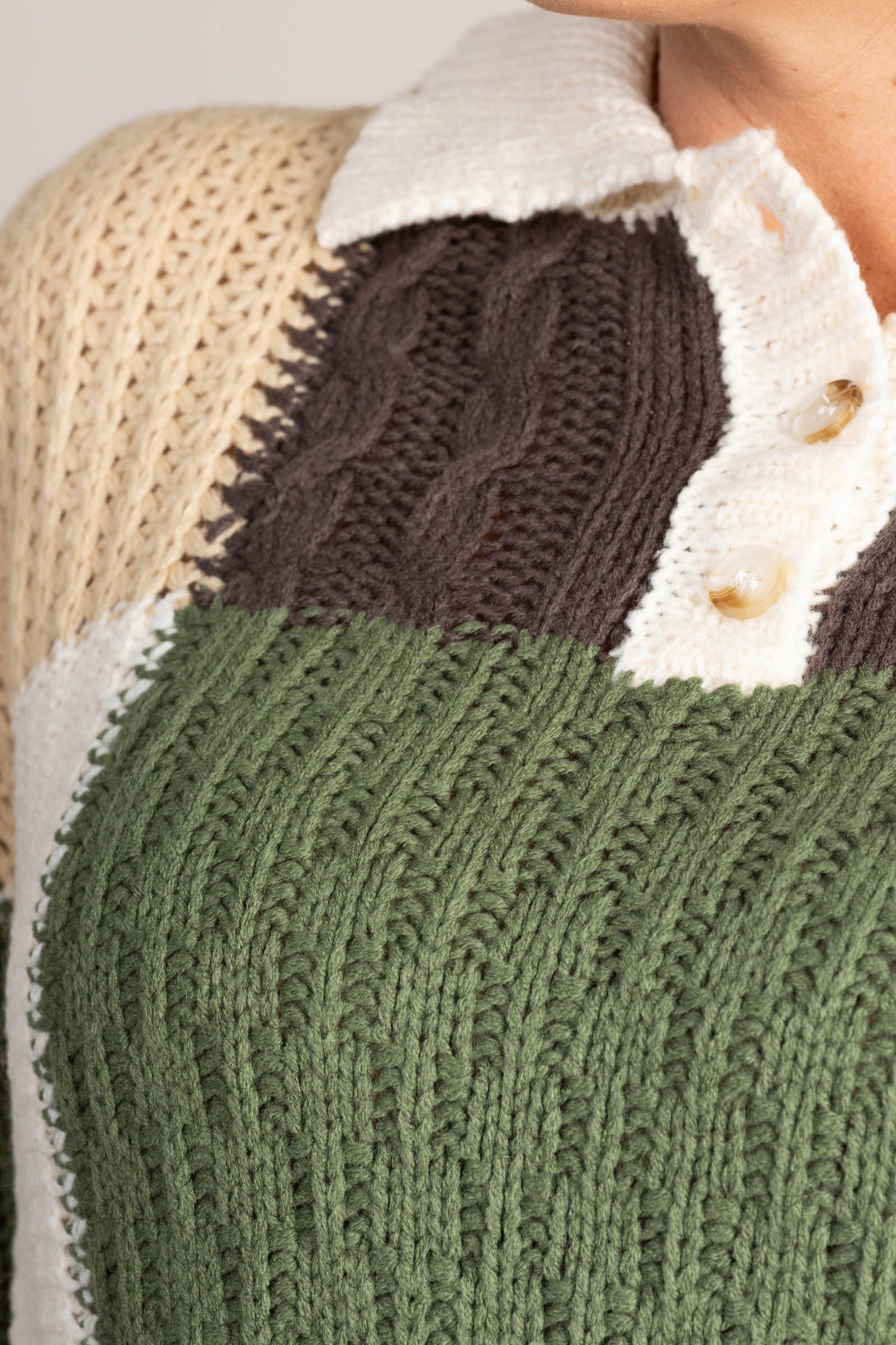 Ivory And Olive Colorblock Button Sweater