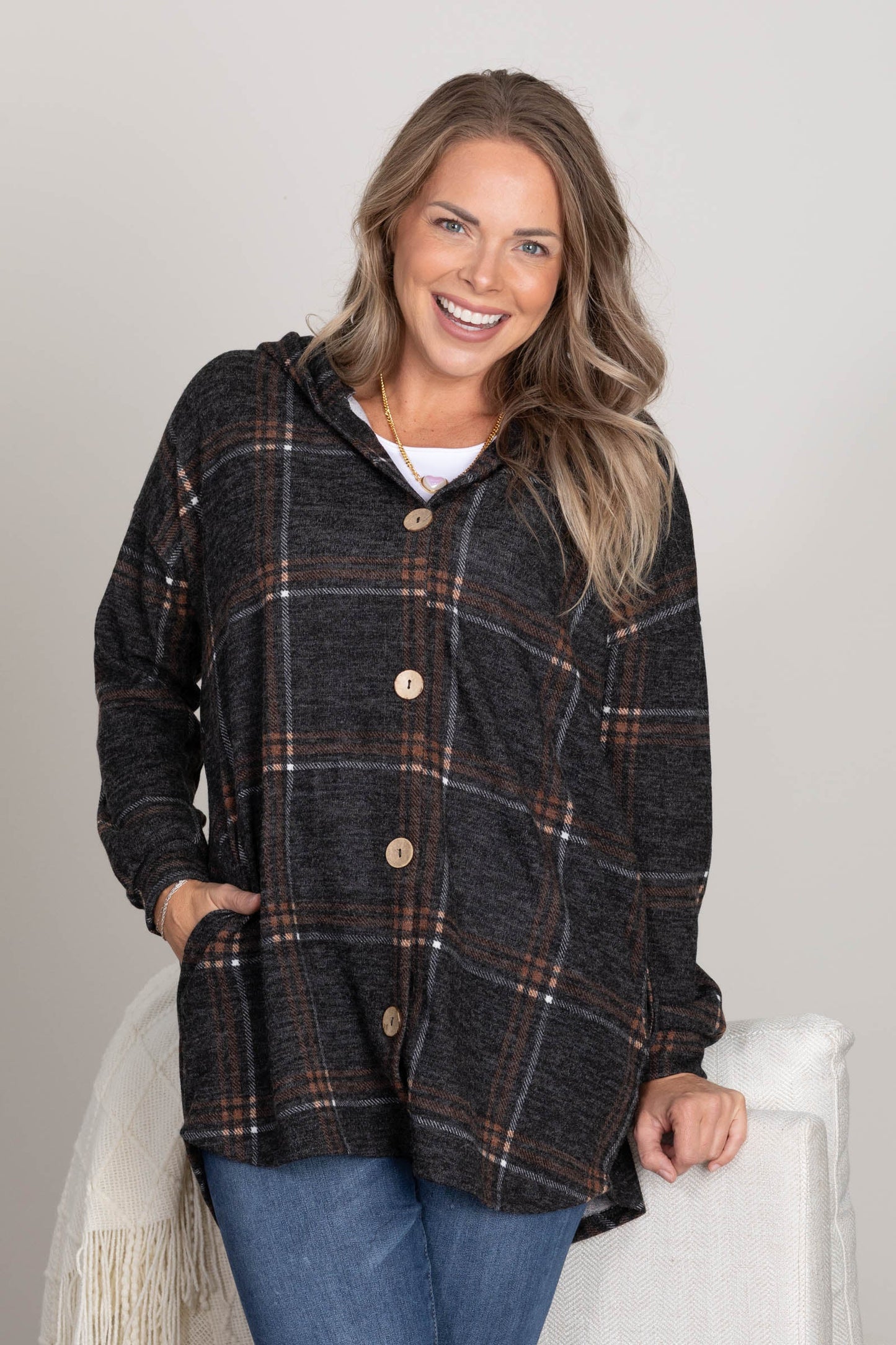 Charcoal And Camel Plaid Hooded Light Shacket