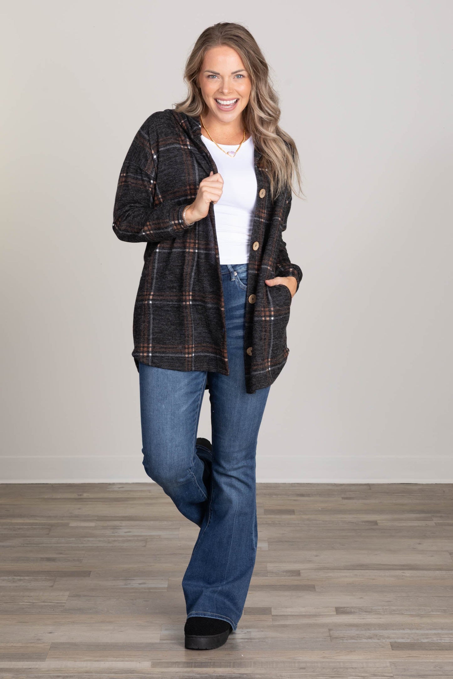 Charcoal And Camel Plaid Hooded Light Shacket