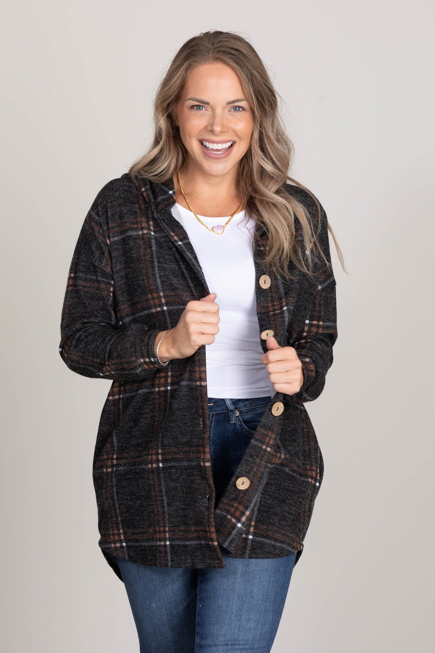 Charcoal And Camel Plaid Hooded Light Shacket