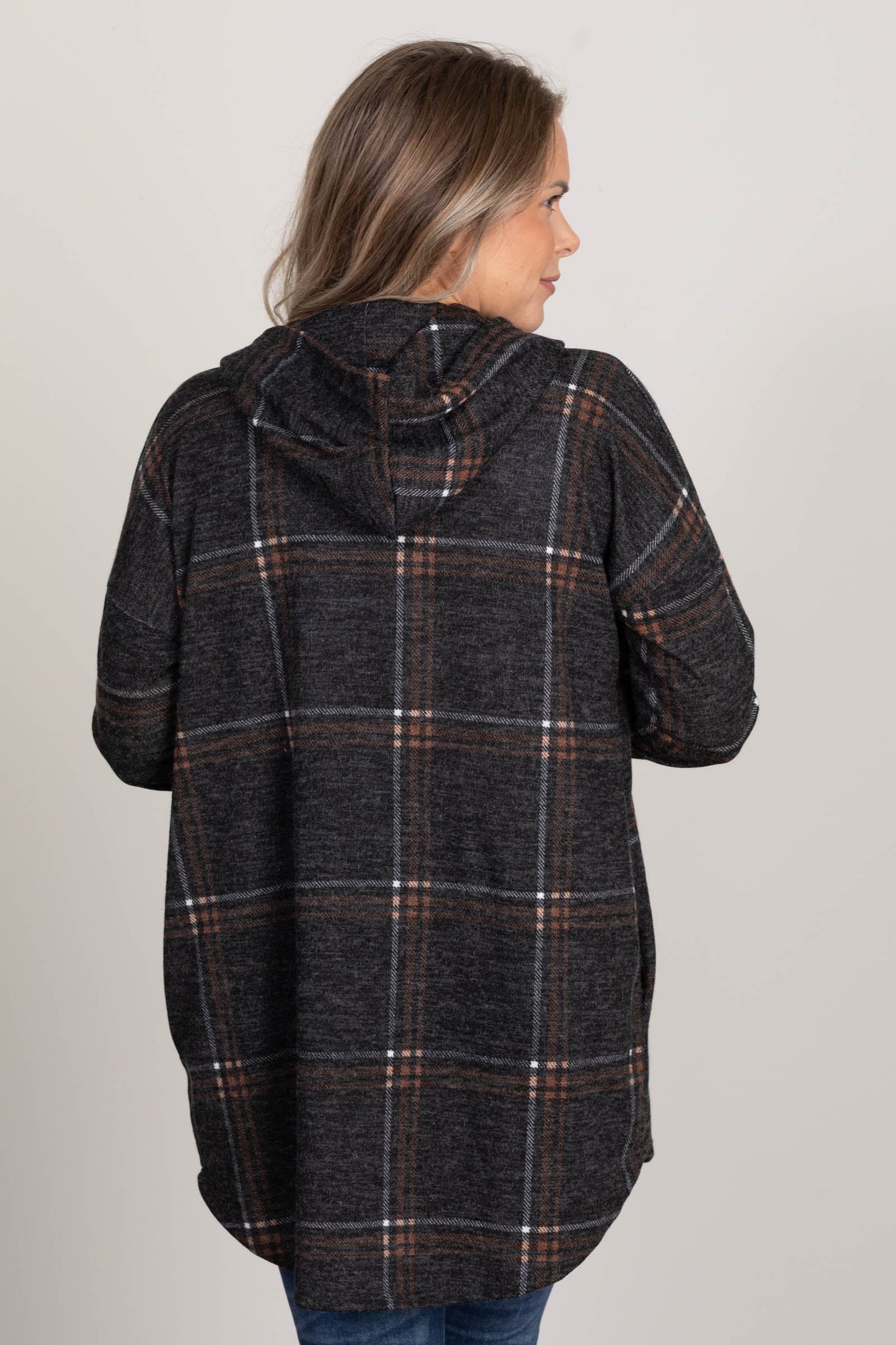 Charcoal And Camel Plaid Hooded Light Shacket
