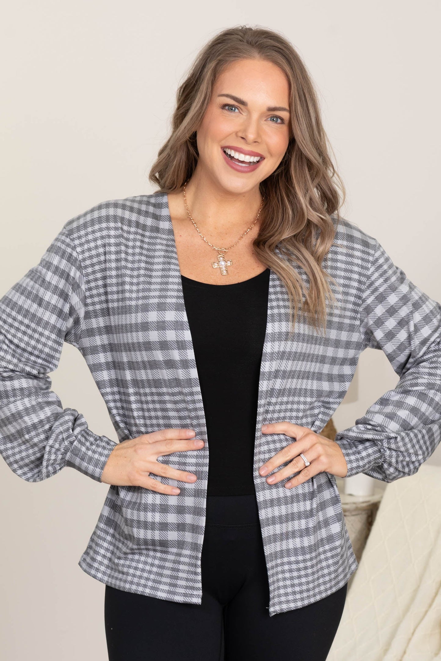 Charcoal and Grey Plaid Knit Cardigan