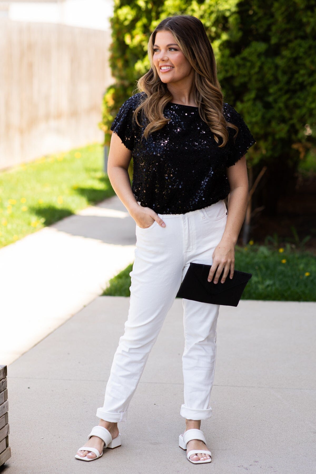 Black Sequin Boat Neck Top