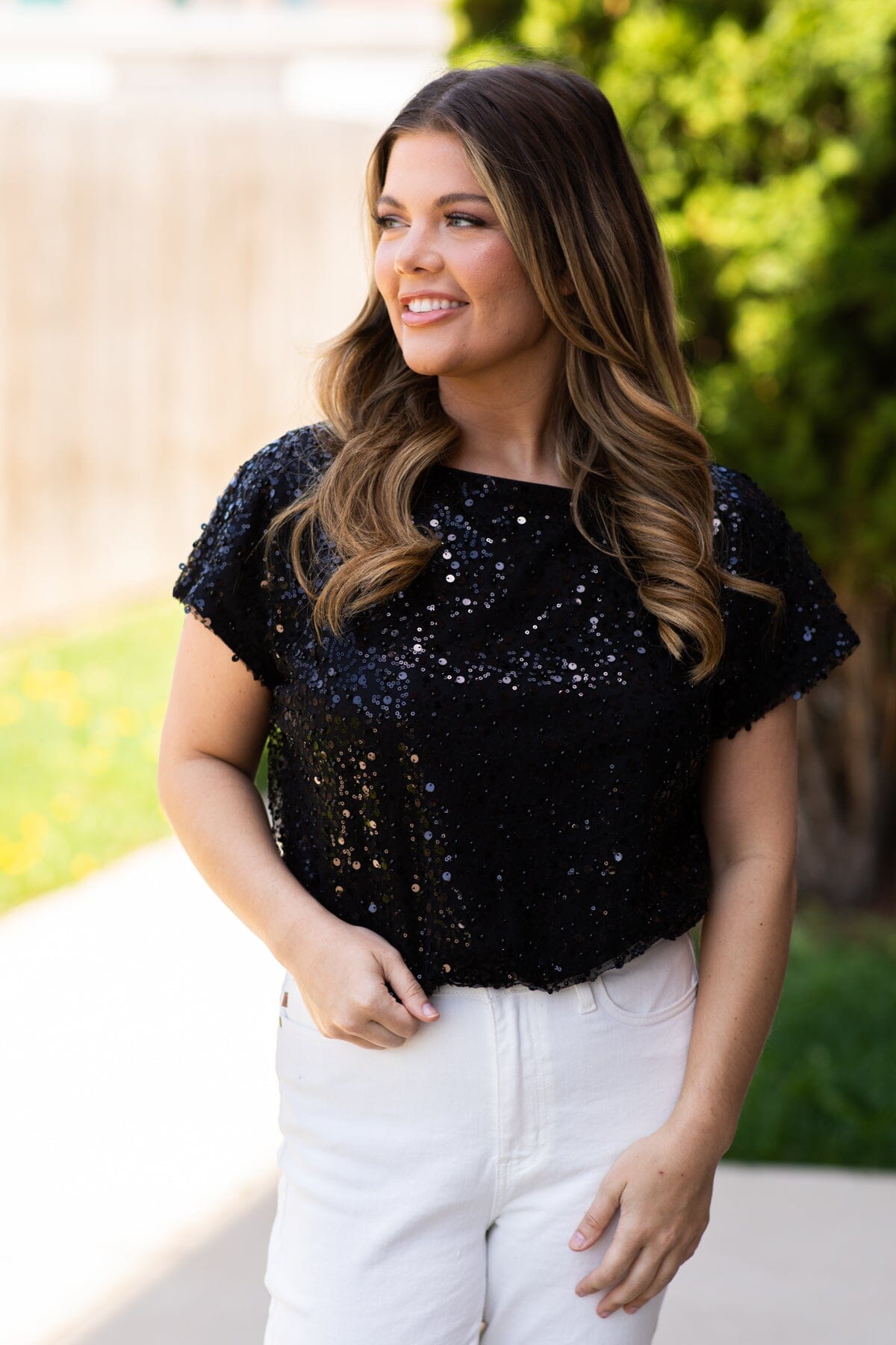 Black Sequin Boat Neck Top