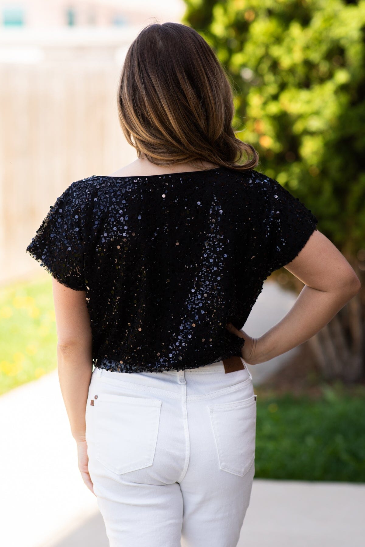 Black Sequin Boat Neck Top