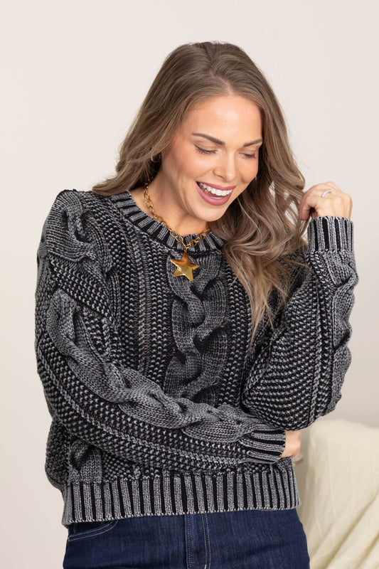 Charcoal Washed Cable Knit Pullover Sweater