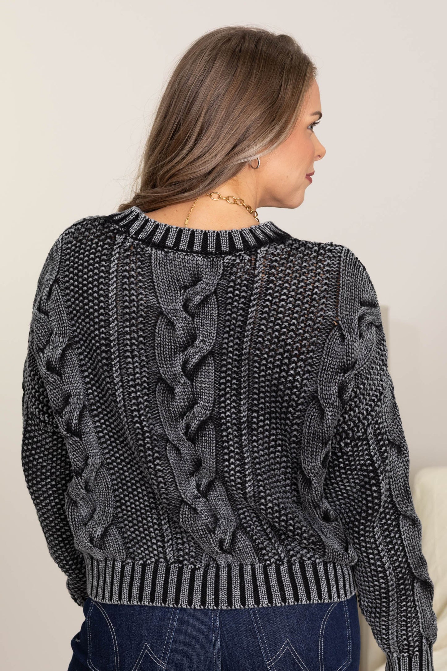 Charcoal Washed Cable Knit Pullover Sweater