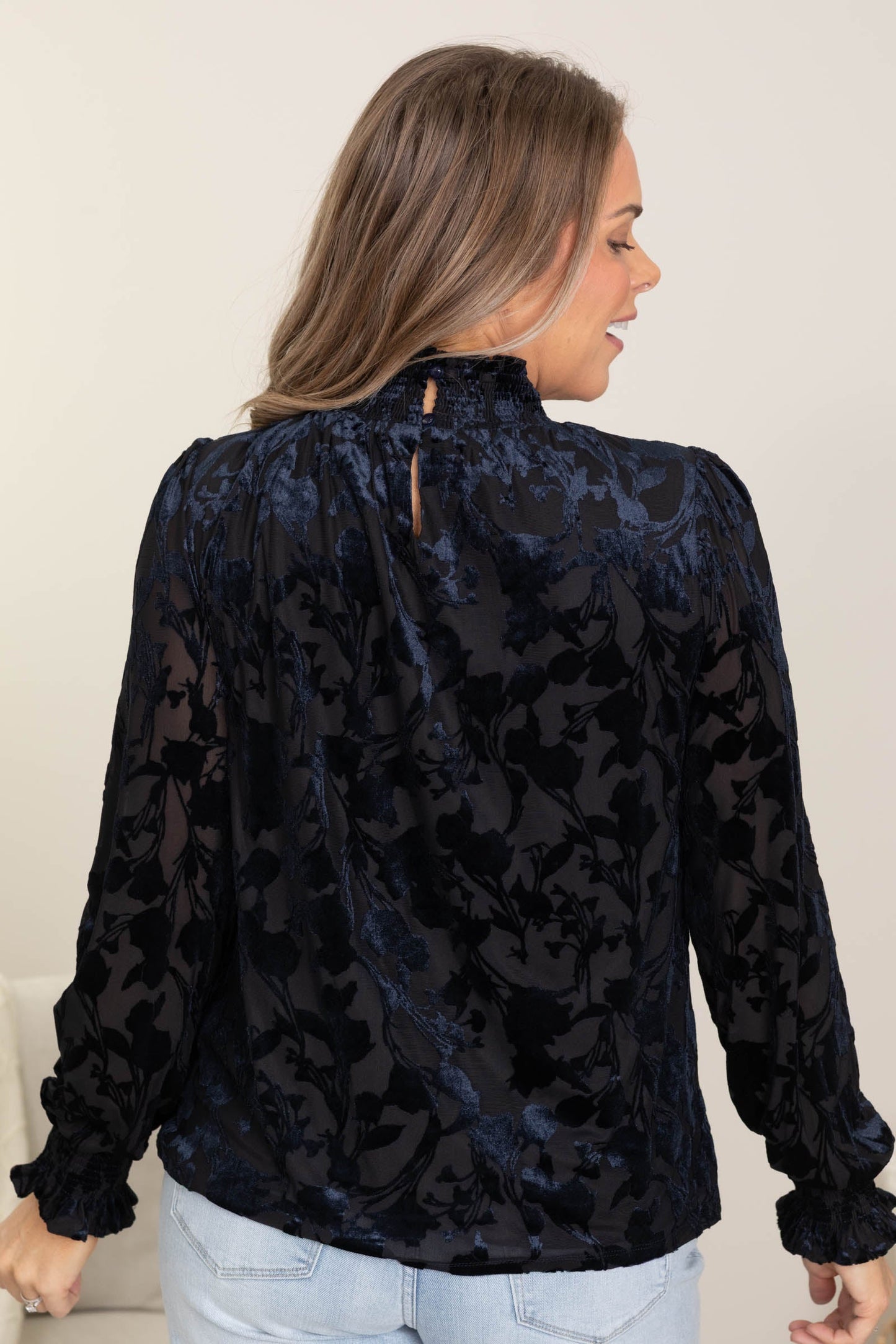 Navy Smocked Mock Neck Long Sleeve Velvet Top